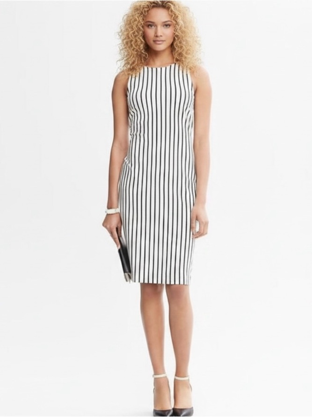 Banana Republic White and Black Striped Midi Dress-Cut out back-Size Large